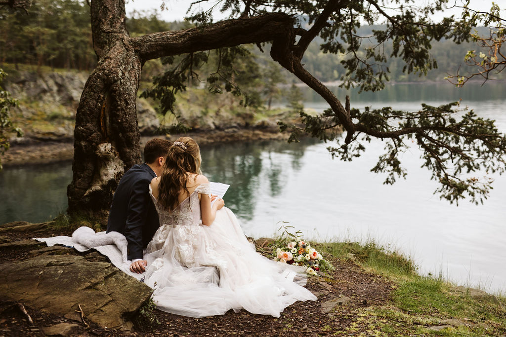 bride and groom sit on a blanket oceanside under a tree