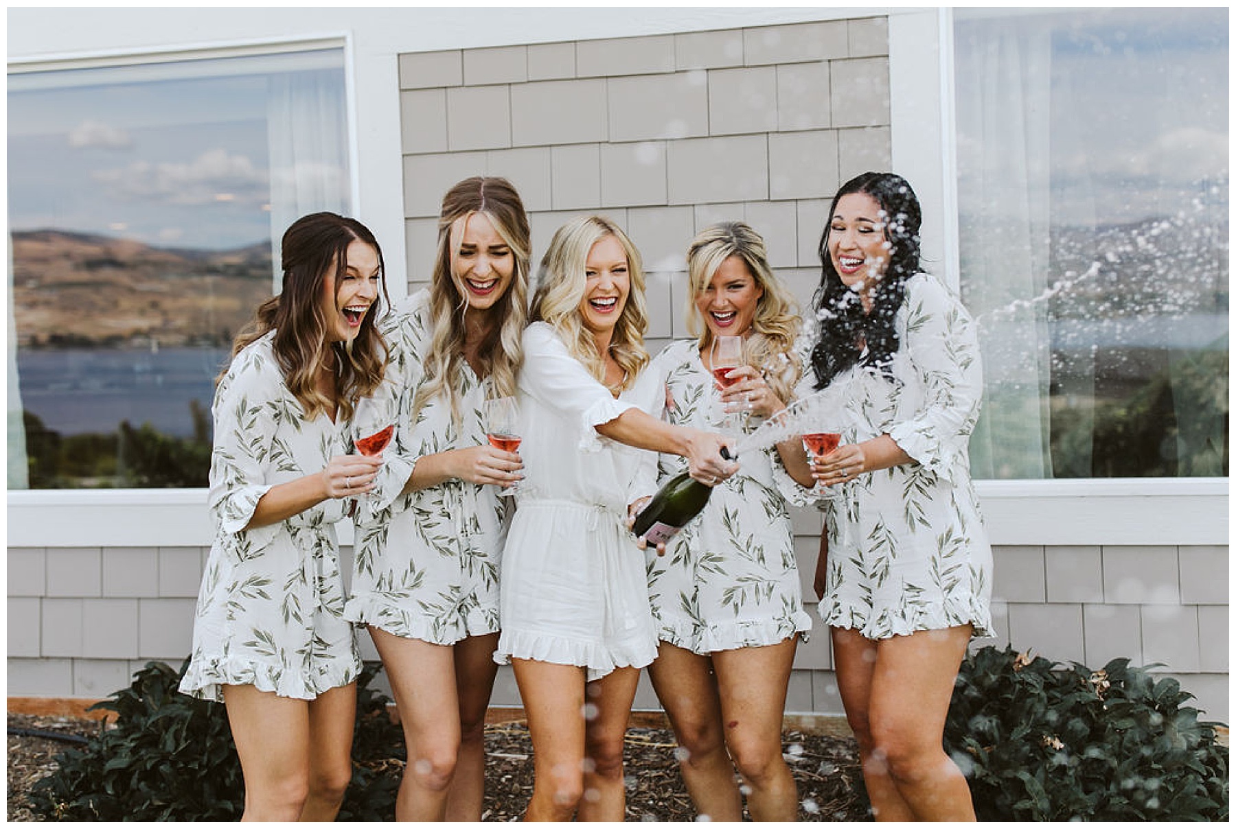 bridesmaids share a drink with the bride before the wedding at Karma Vineyards