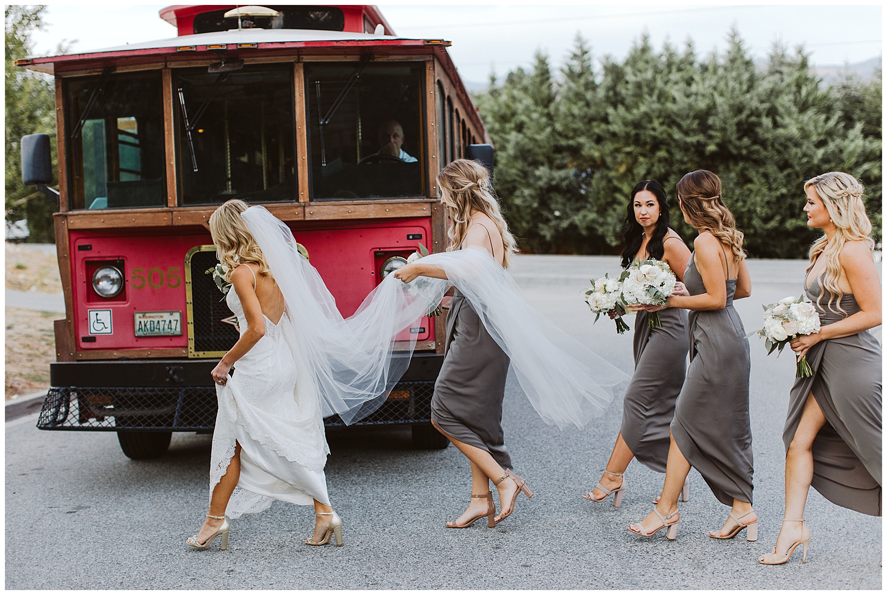 Bridal party gets on board the trolley.