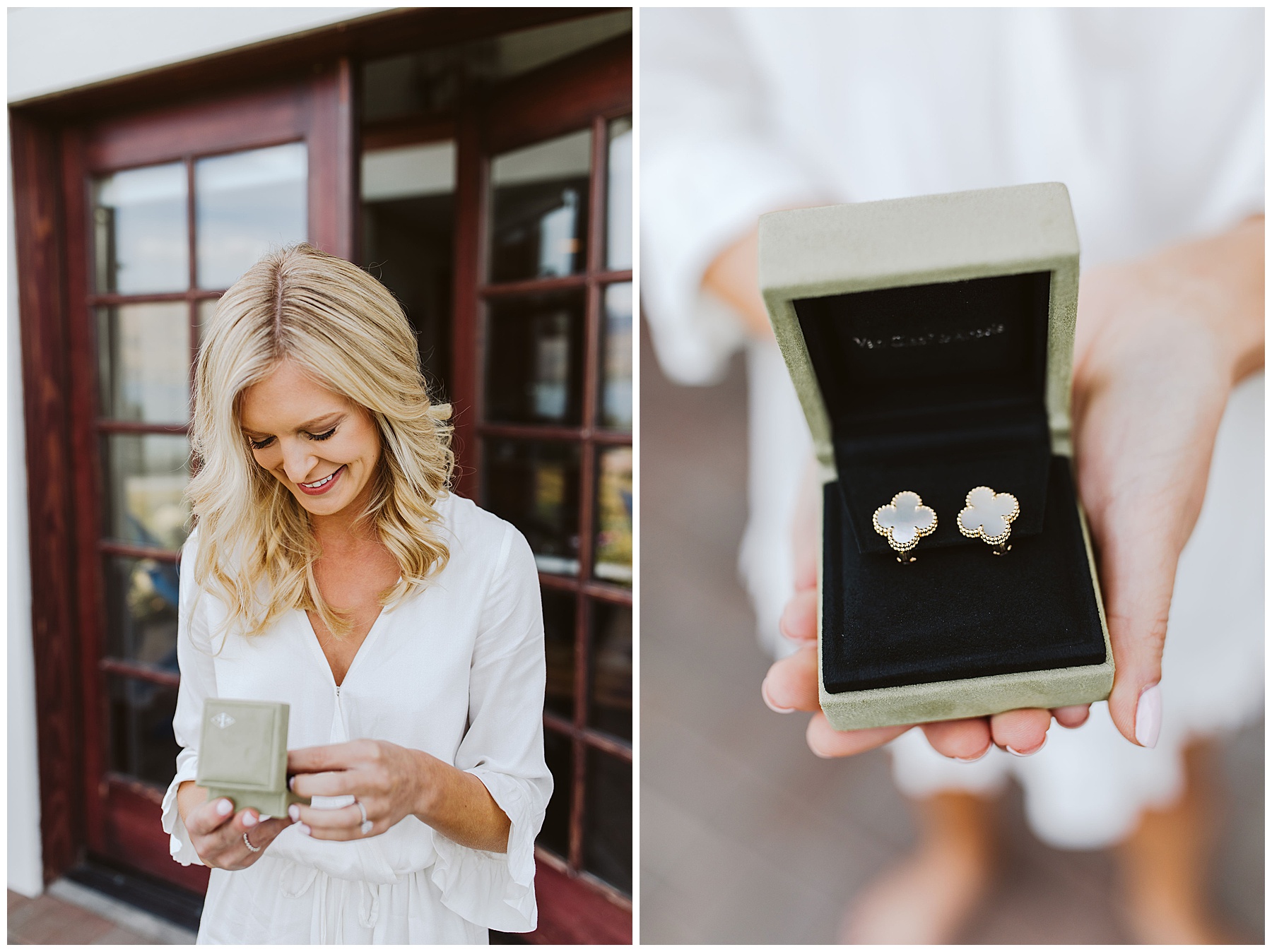 Jamie holding the earrings her fiance gifted to her on their wedding day at Karma Vineyards