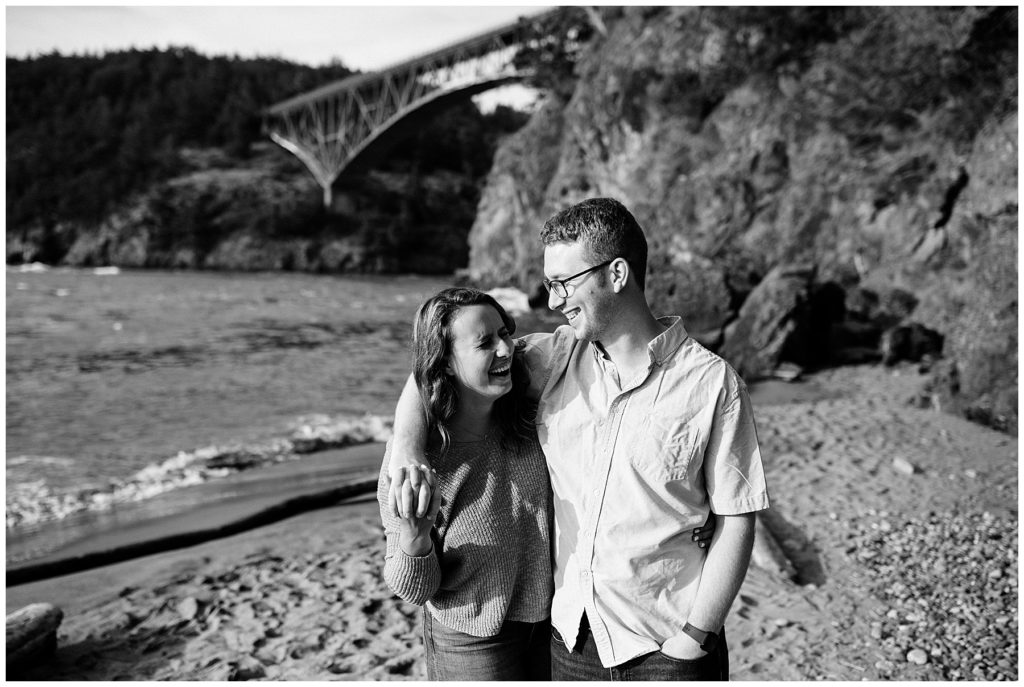 black and white photo laughing couple deception pass PNW