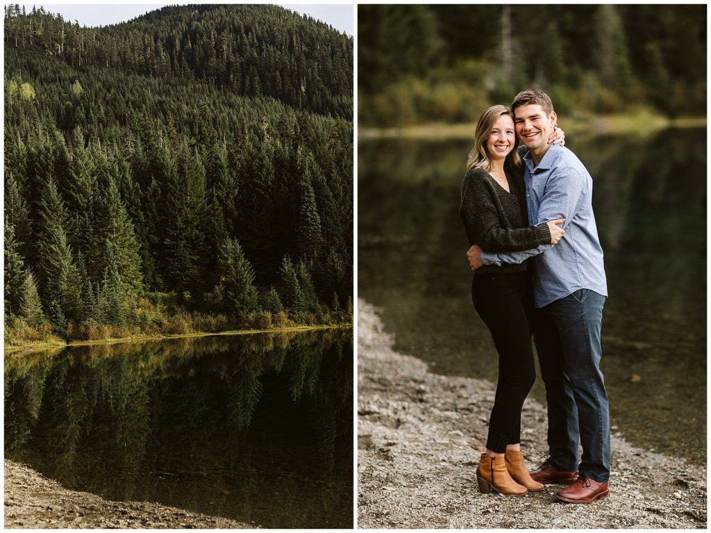 fall engagement shoot outfits lake trees