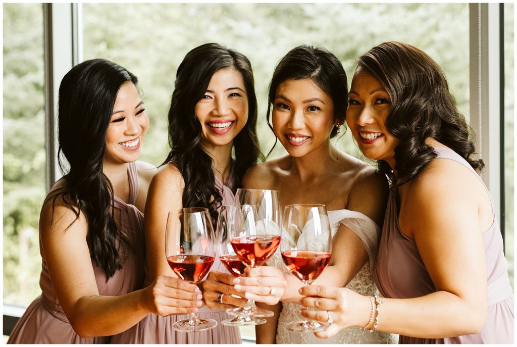 pnw novelty hill bride and bridesmaids drinking rose blush bridesmaids dresses