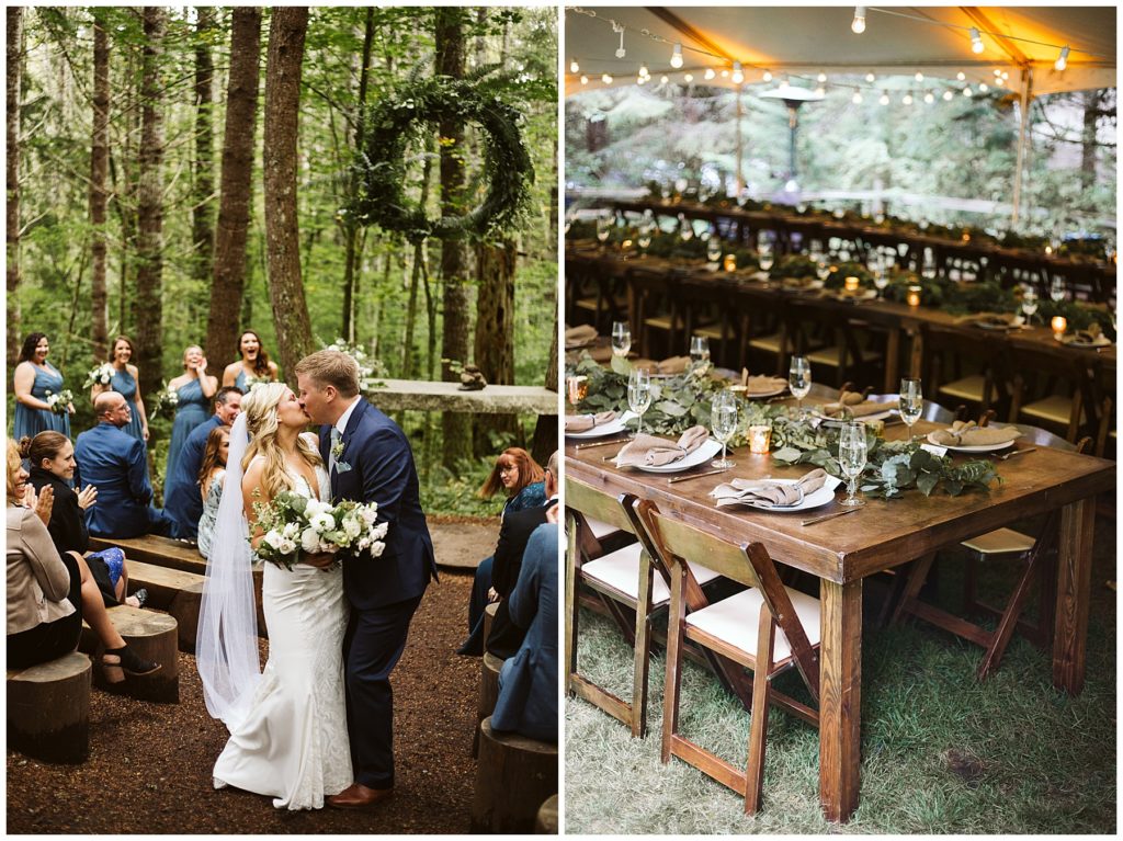 forest wedding long wooden table couple kissing 