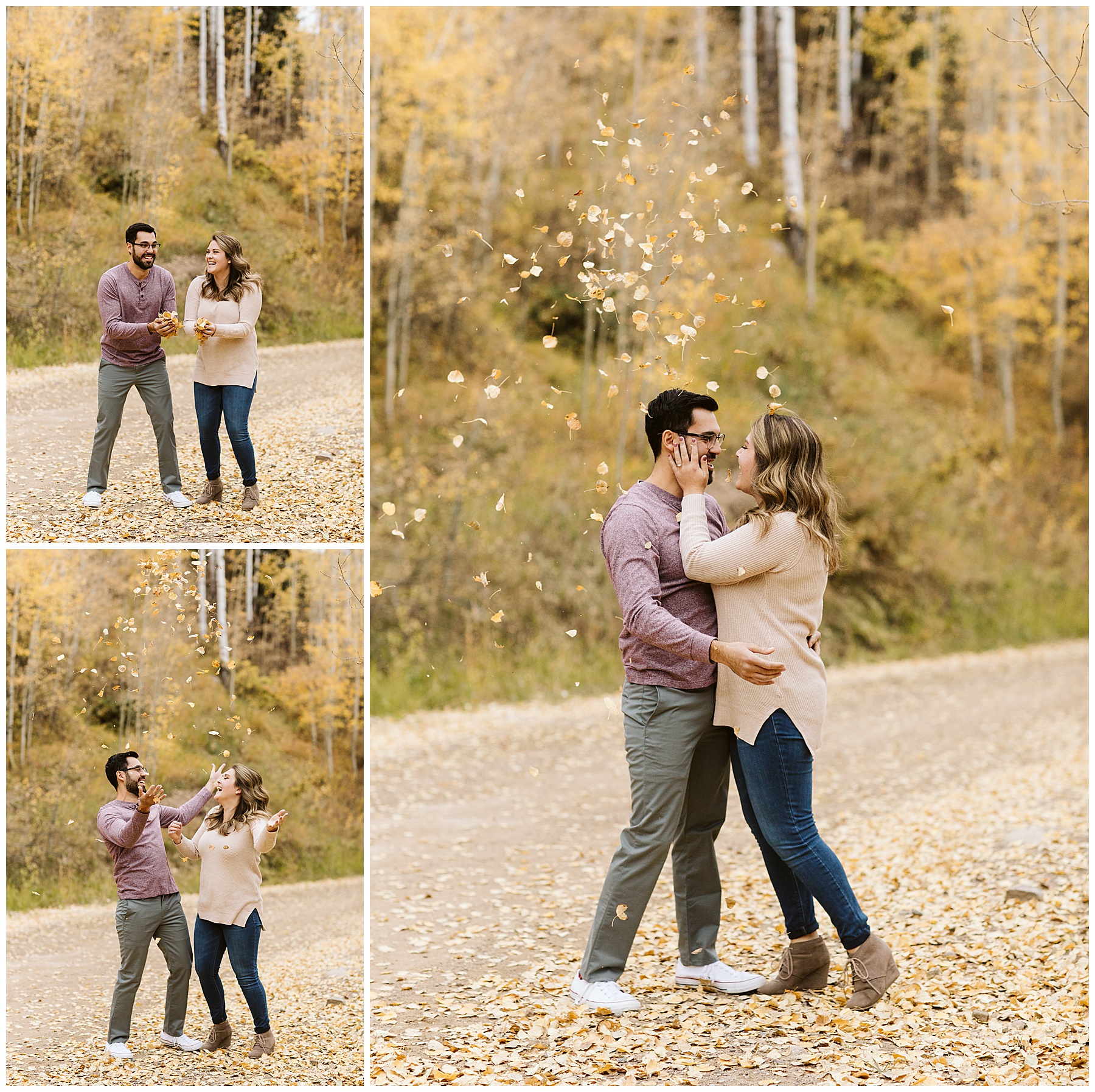 couple throwing leaves in the air and then kissing under them fall yellow colors