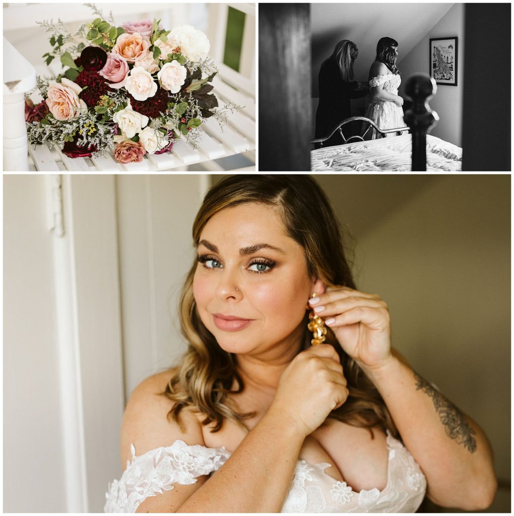 collage of wedding bouquet and beautiful bride with blue eyes putting on her earring  vashon island elopement
