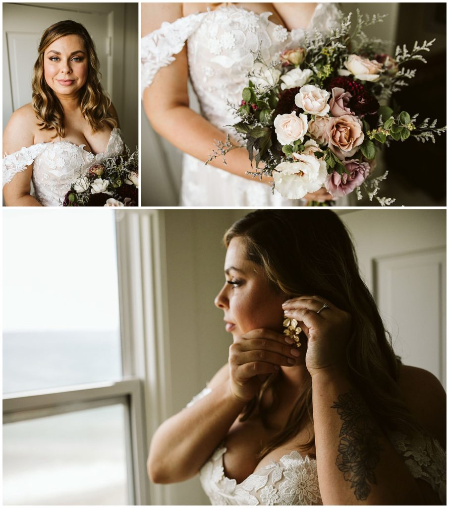 collage of three pictures. Bride looking out of the window putting earrings on. Bridal bouquet vashon island elopement