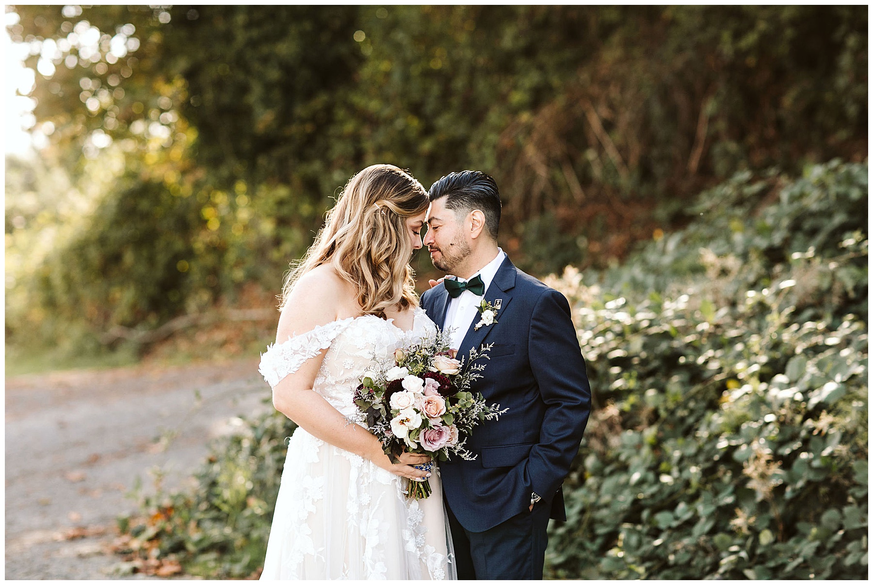 couple embraces outside on Vashon Island in Washington, where they eloped.