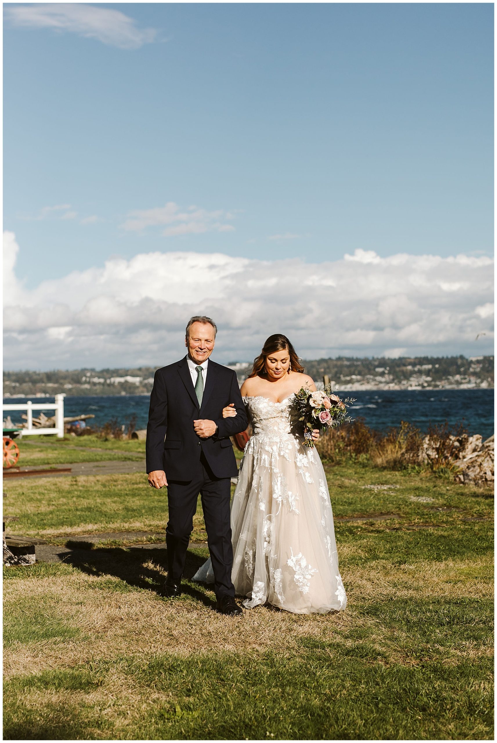 father of the bride walking bride down the isle at her elopement on Vashon Island in Washington