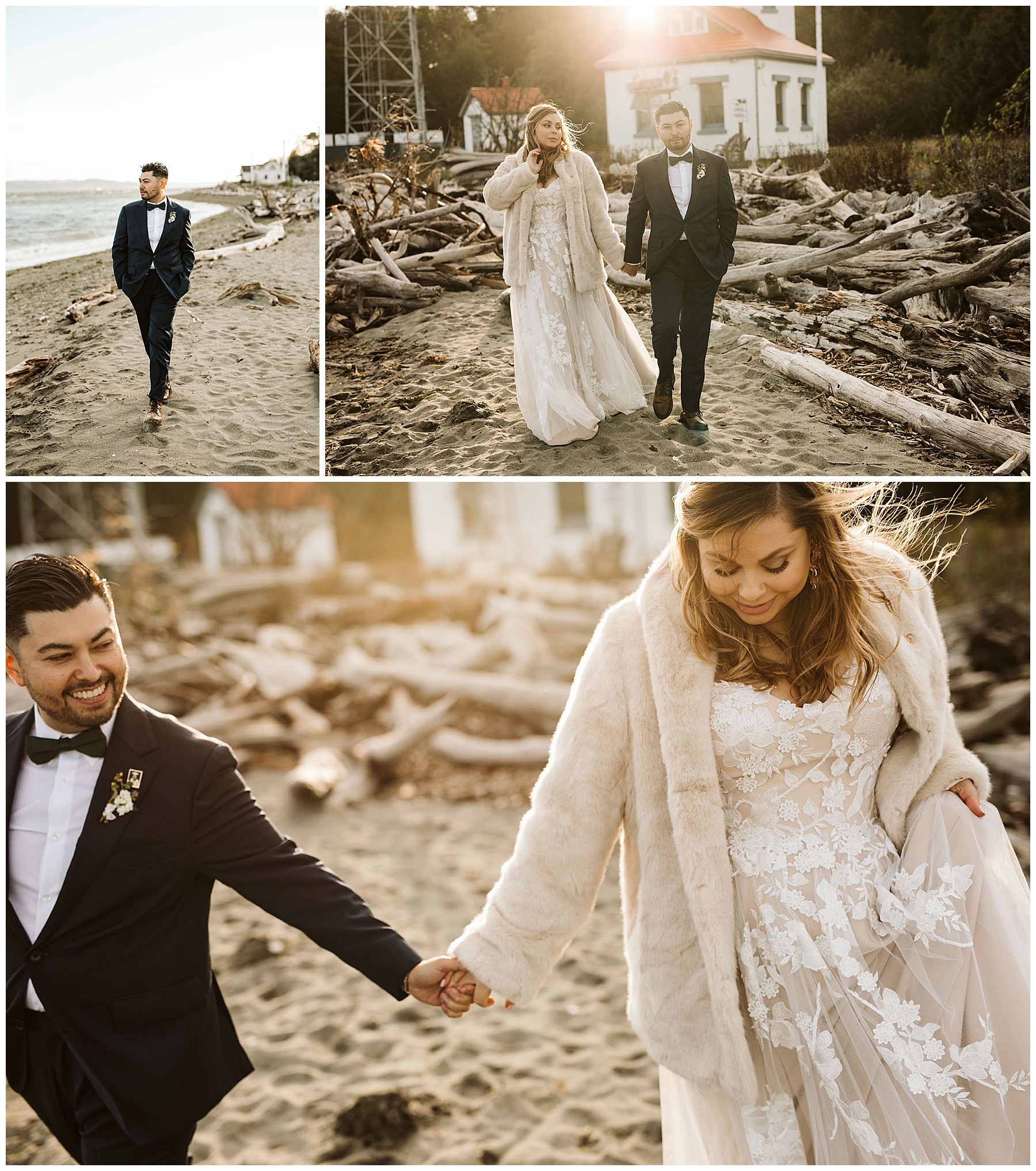 couple holding hands on the beach at golden hour. their elopement took place on Vashon Island in Washington.