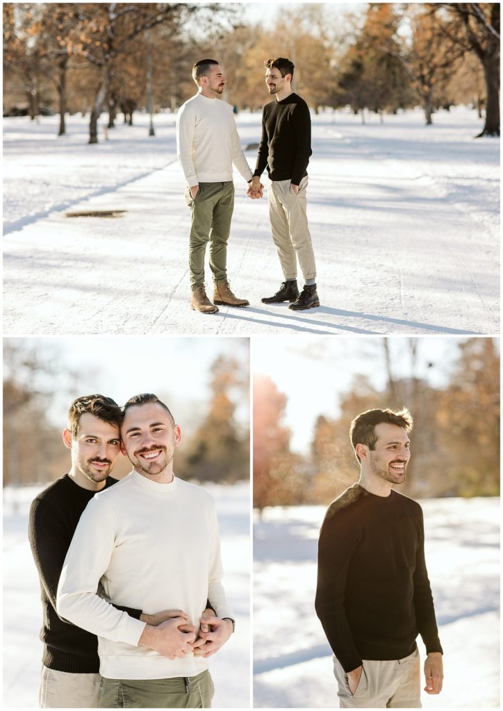 collage of male couple holding hands on a snowy road