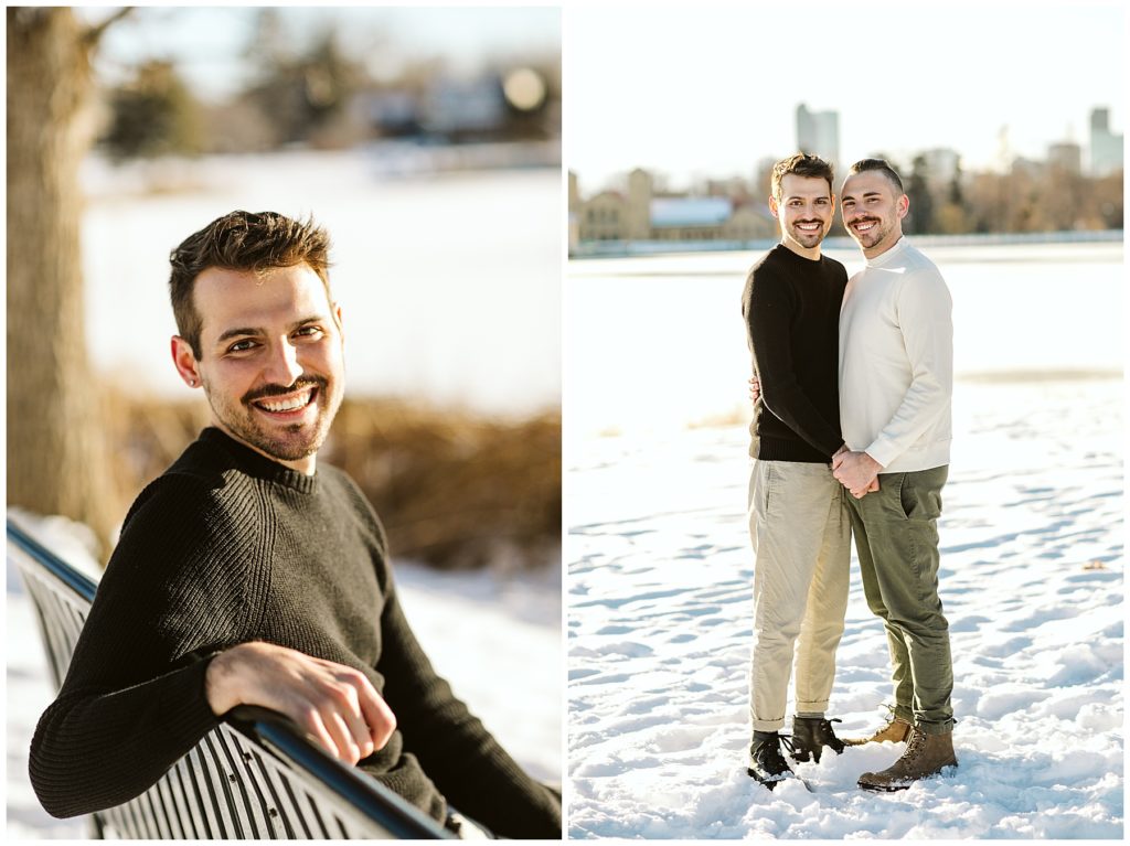 collage of two men standing holding hands in snow