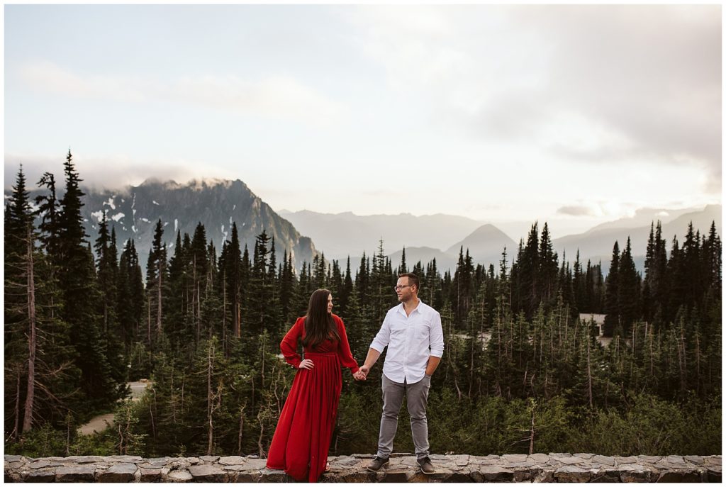 photo of couple standing in front of mount rainier in washington state for elopement photos