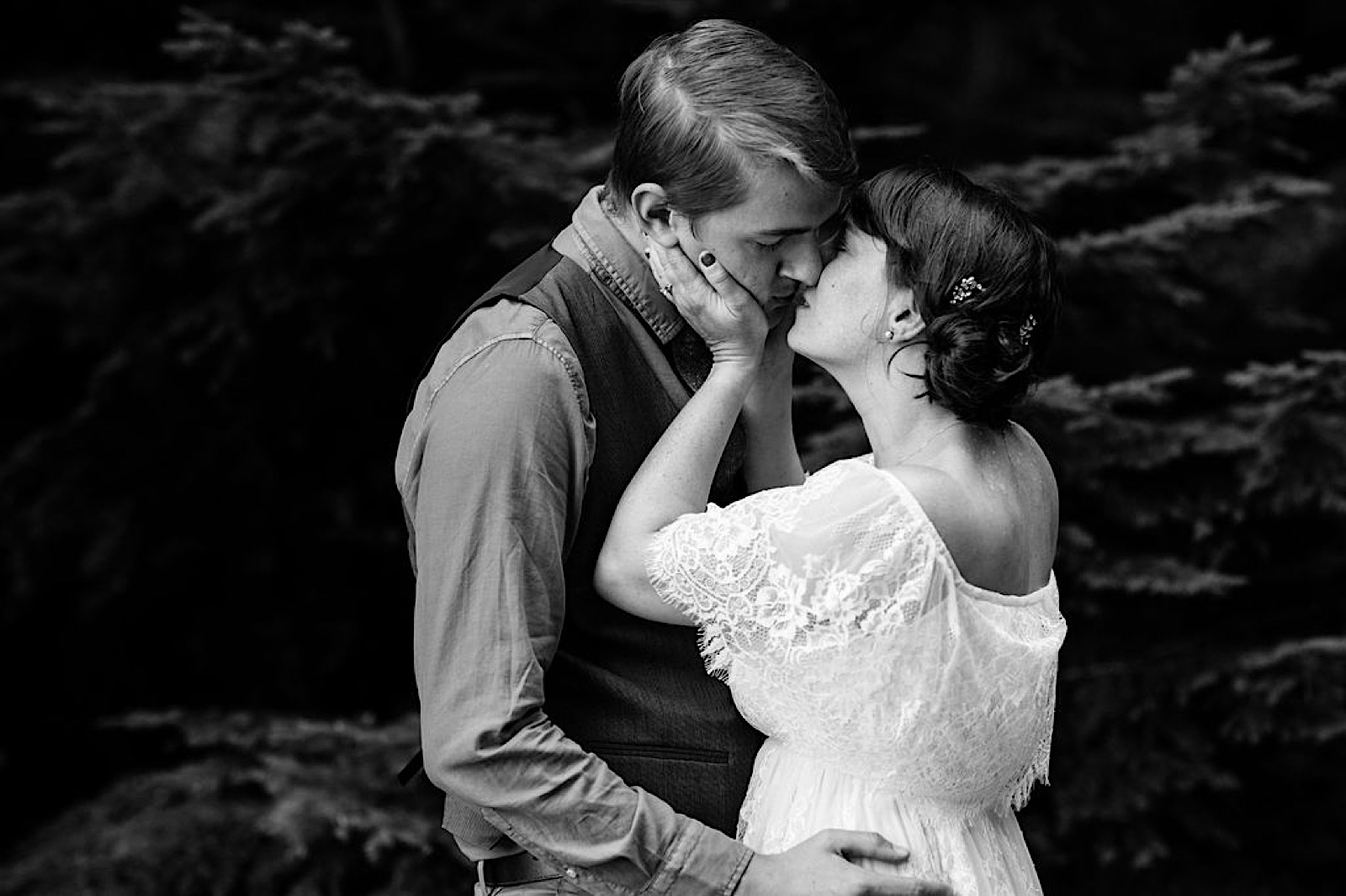 Joyful Intimate Wedding in Sequim, WA: bride and groom black and white portrait