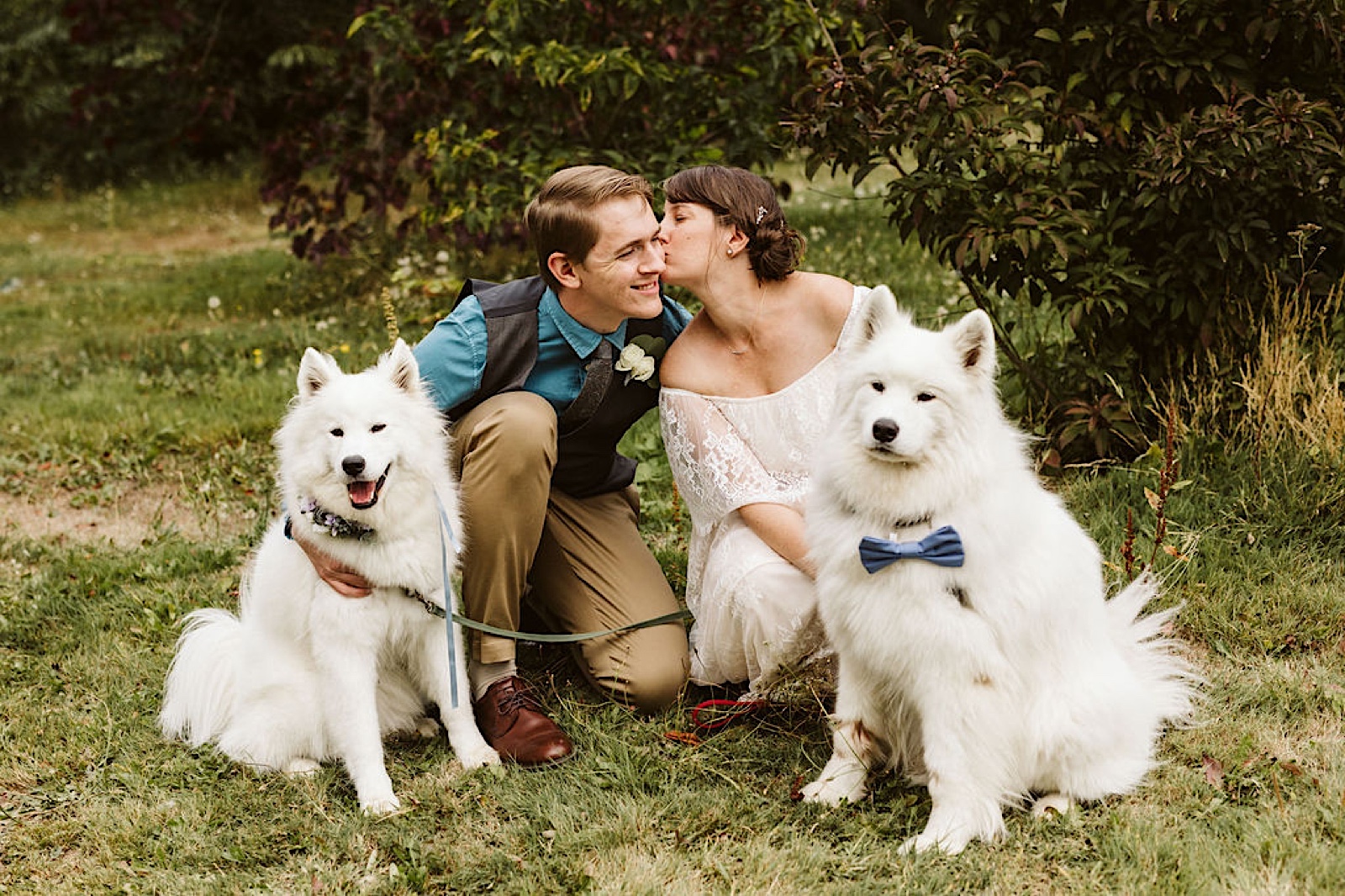 Joyful Intimate Wedding in Sequim, WA: bride and groom with their two dogs