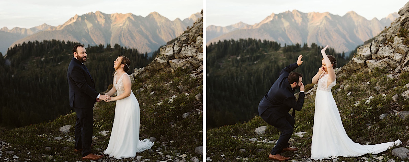 Mt. Baker Sunset Elopement bride and groom dance on the mountaintop