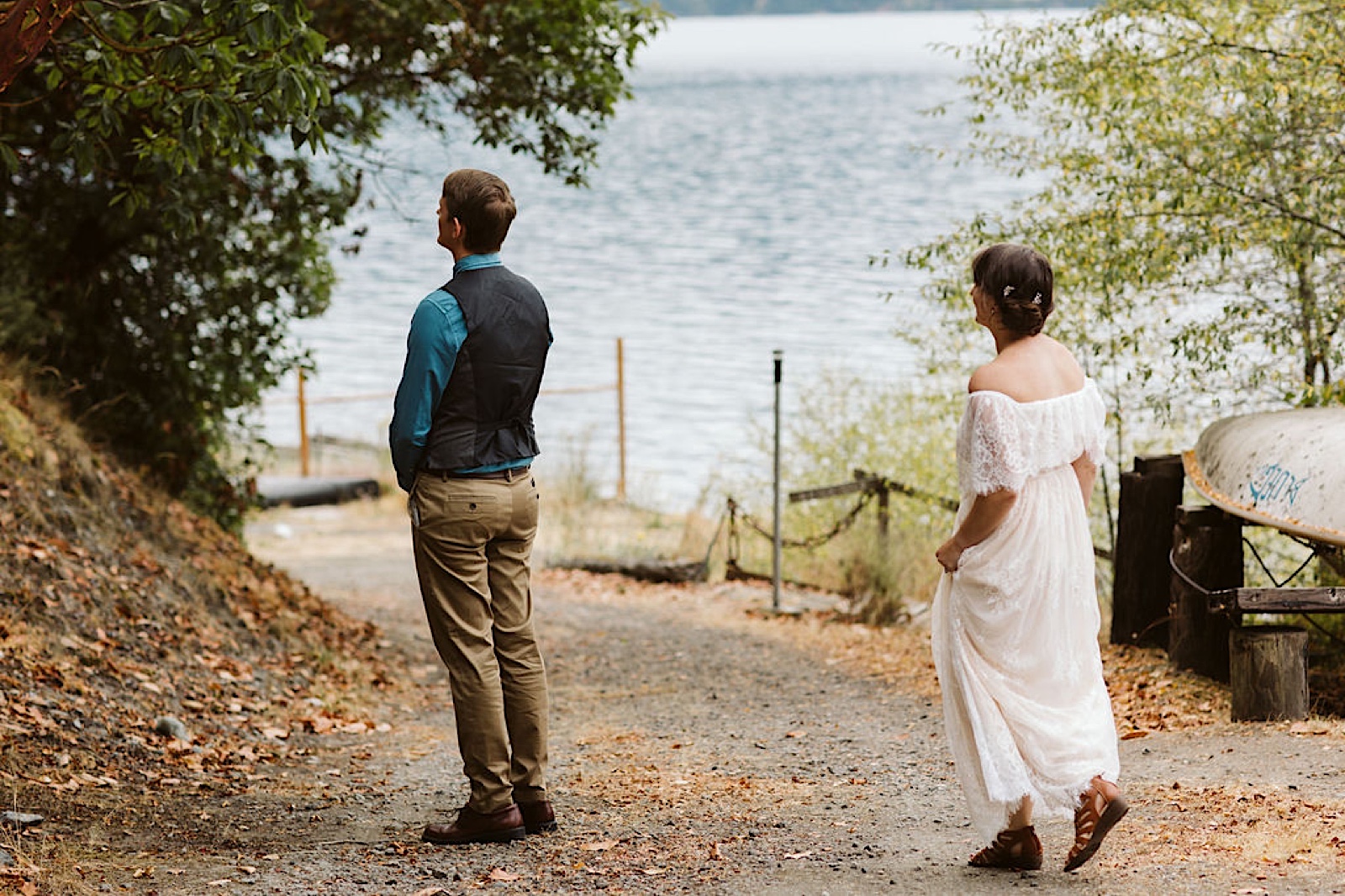 Joyful Intimate Wedding in Sequim, WA: bride and groom have first look by lake