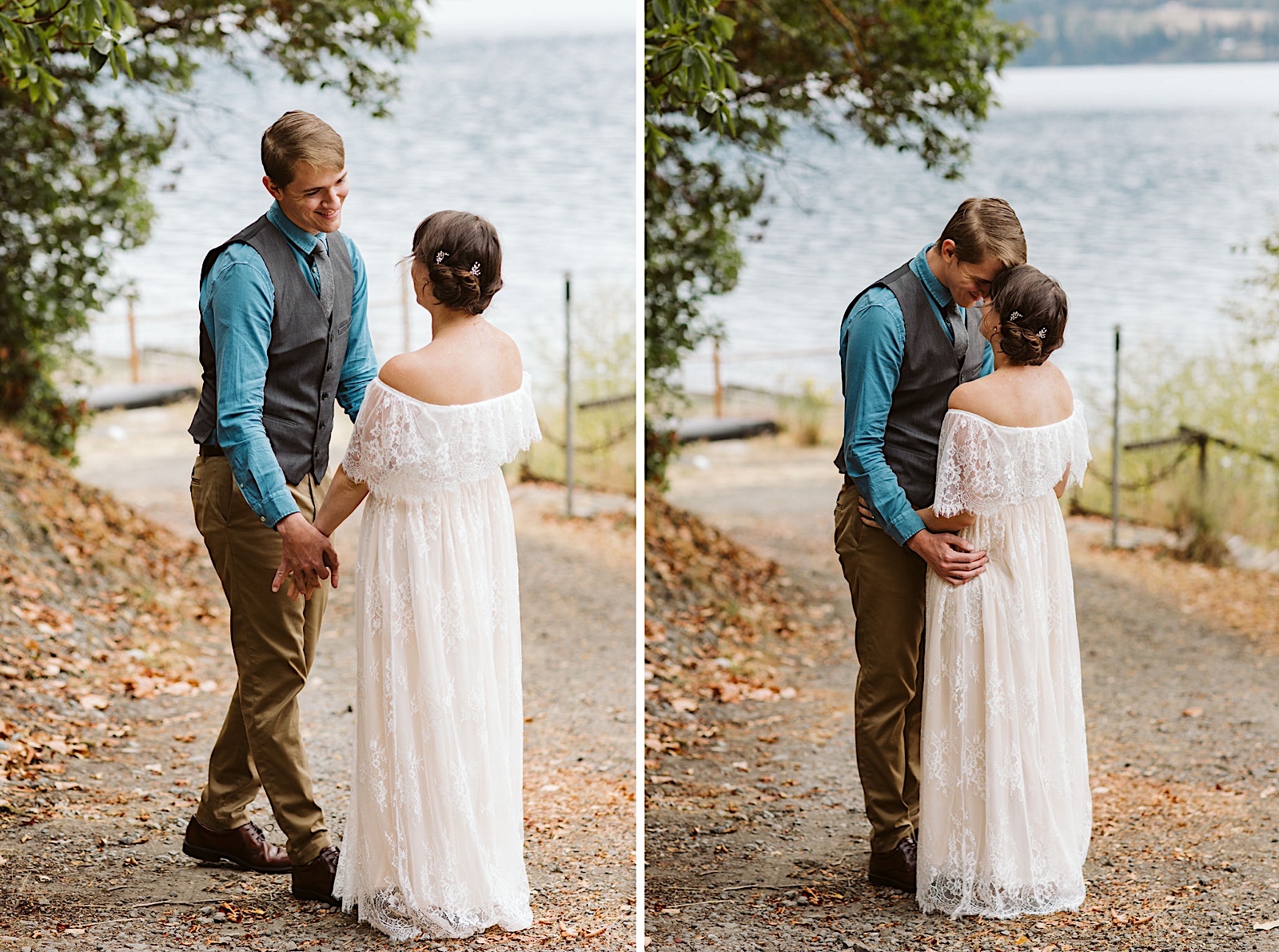 Joyful Intimate Wedding in Sequim, WA: bride and groom first look by lakeside