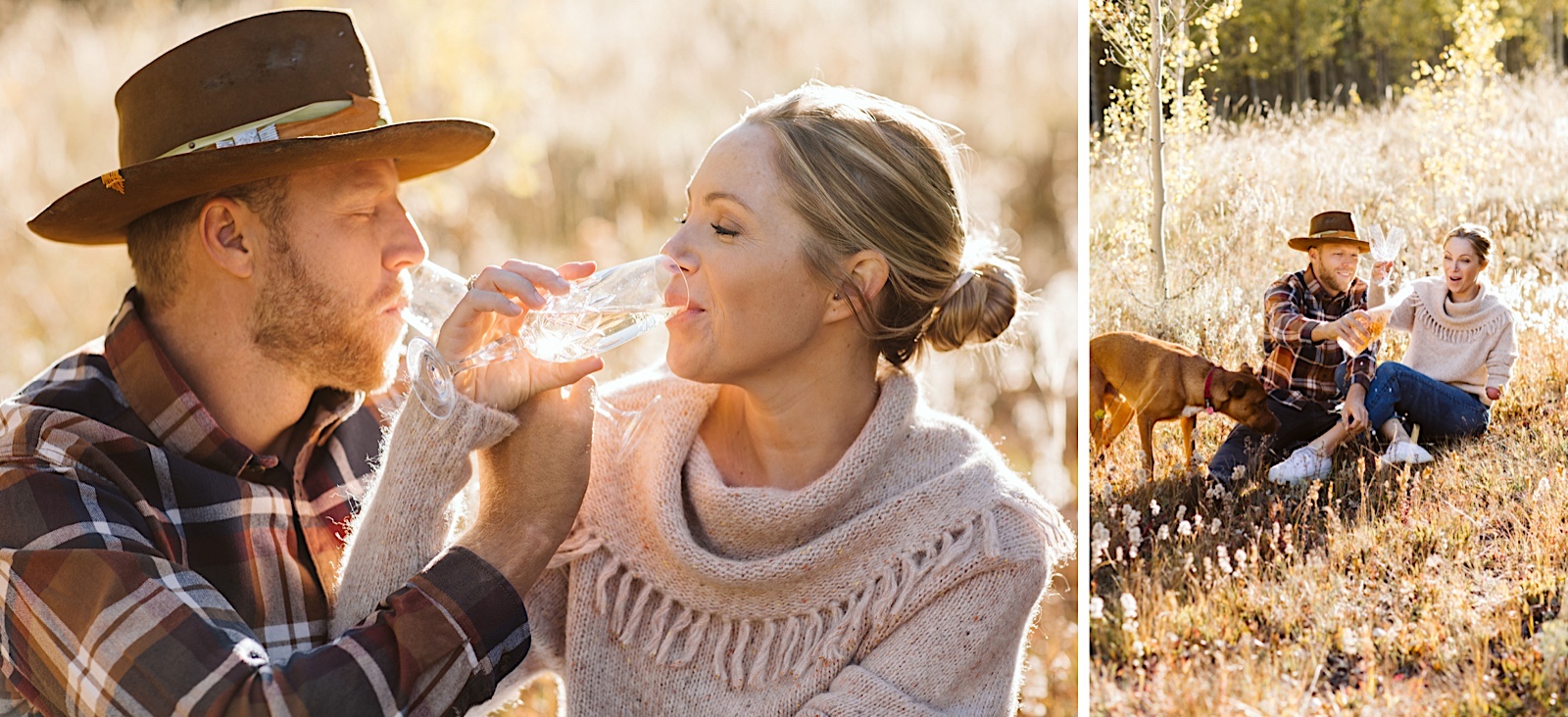 leave no trace photography: couple share champagne at engagement shoot