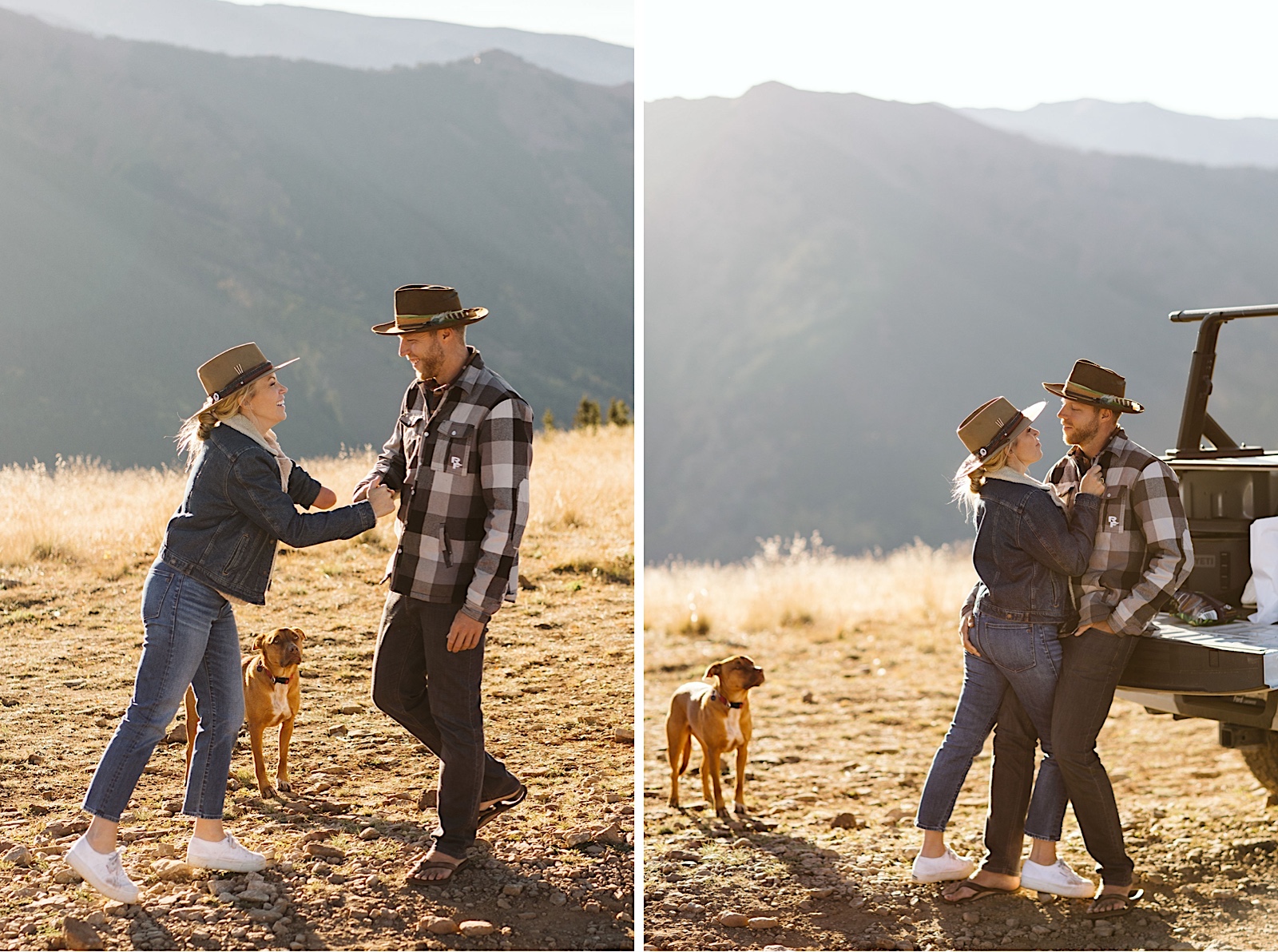 leave no trace photography: engaged couple at sunset in the mountains