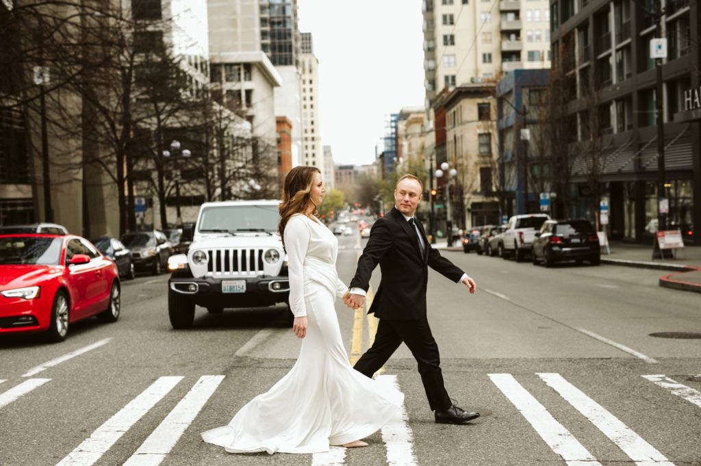 seattle-elopement-couple-walking-across-street