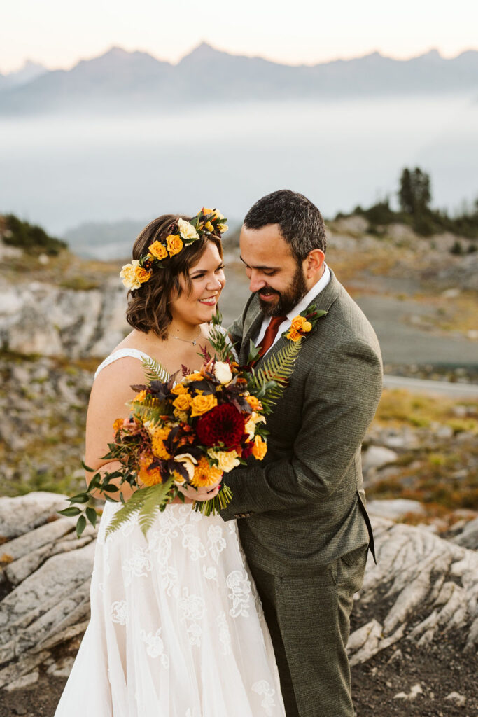bride and groom smile at each other during mt baker elopement