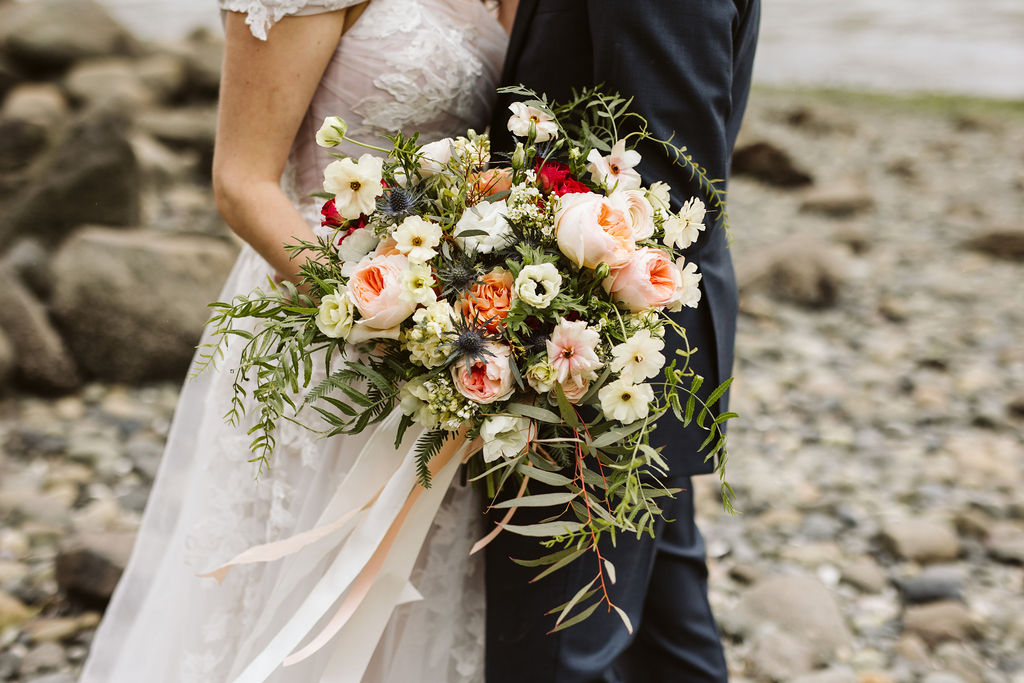 close on bouquet with ferns and flowers