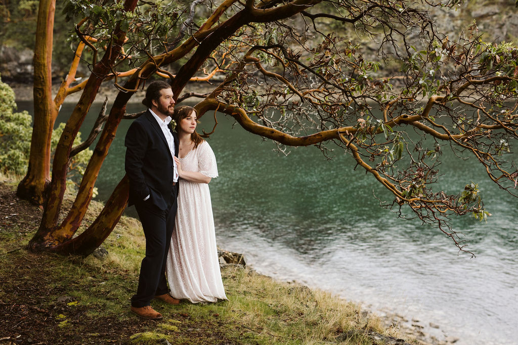 couple stands in front of a red wood tree looking out at the water