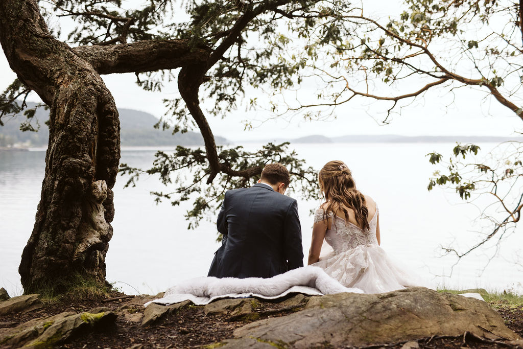 bride and groom sit on a blanket under a tree with ocean behind them