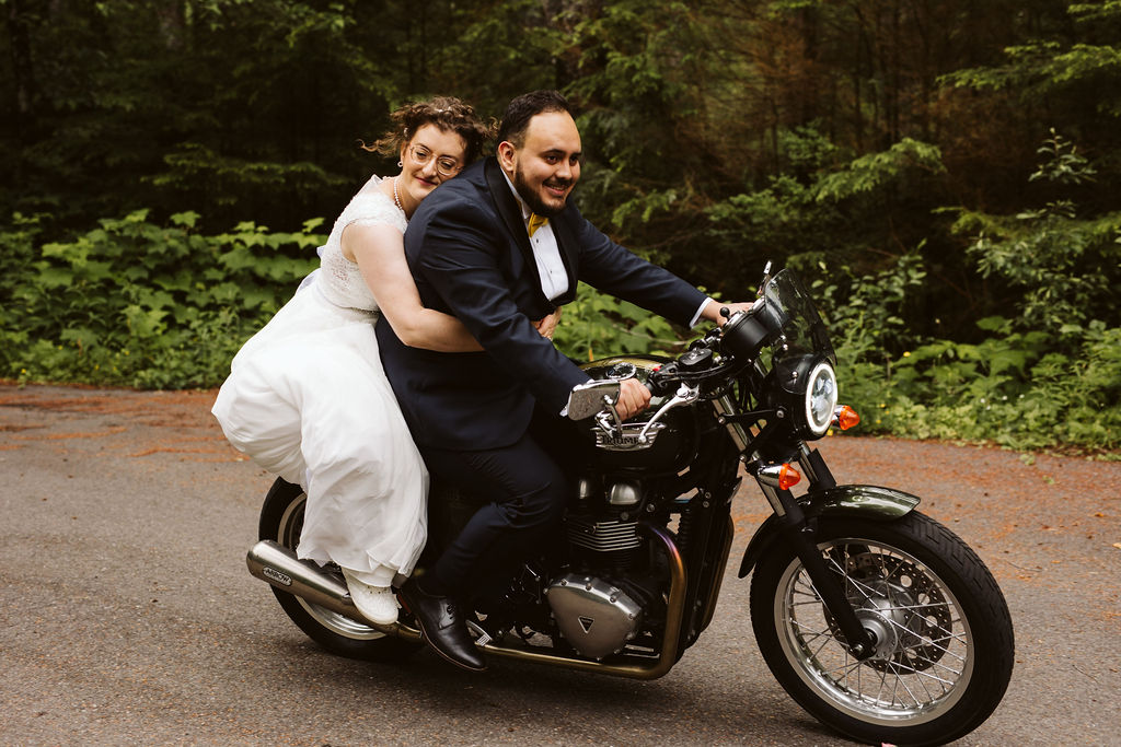 bride and groom ride motorcycle