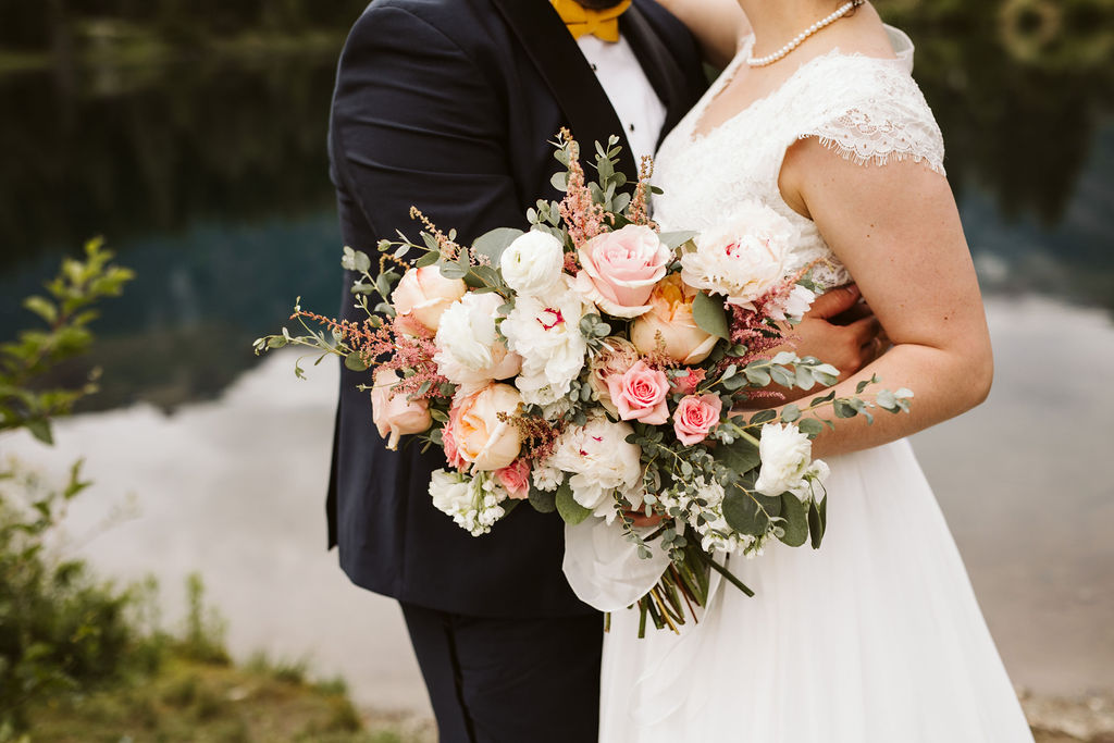 close on bridal bouquet of pink and white florals