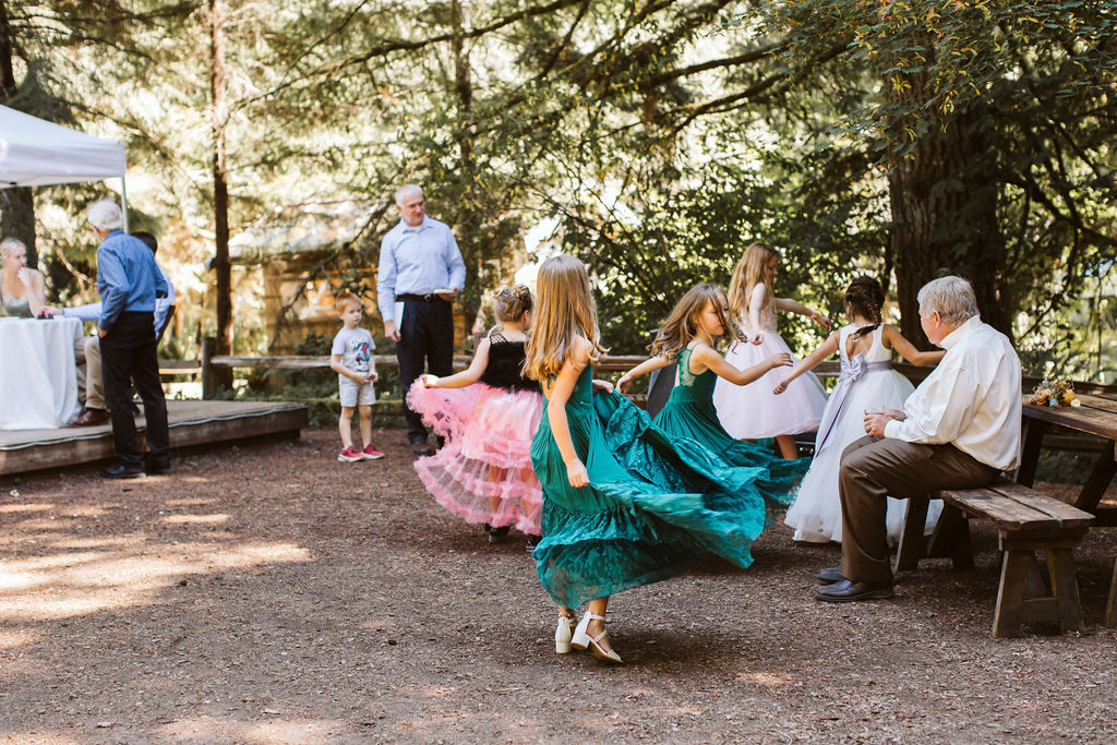 little girls twirl in dresses in front of guests